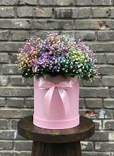 Цветочная композиция из Гипсофила и Розы в шляпной коробке в Талицах Ивановской области