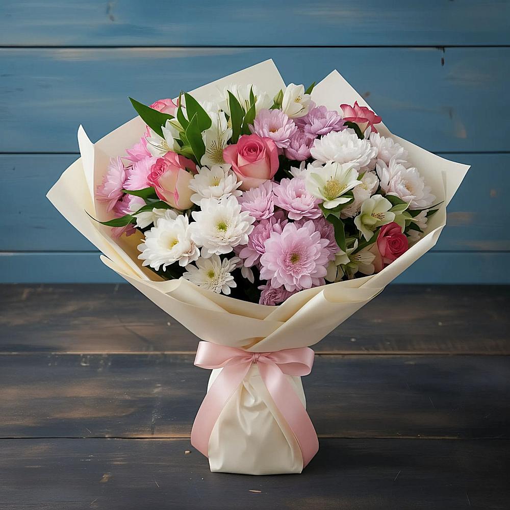 Букет цветов из: Хризантемы, Альстромерии и Розы в Талицах Ивановской области